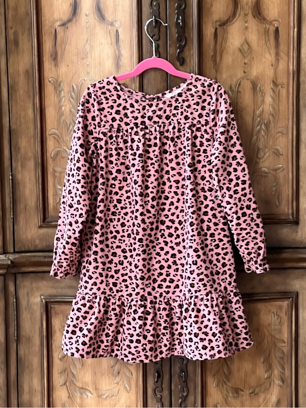 H&M Girls Pink Leopard Print Corduroy Tiered Long-Sleeve Dress Size 8 9